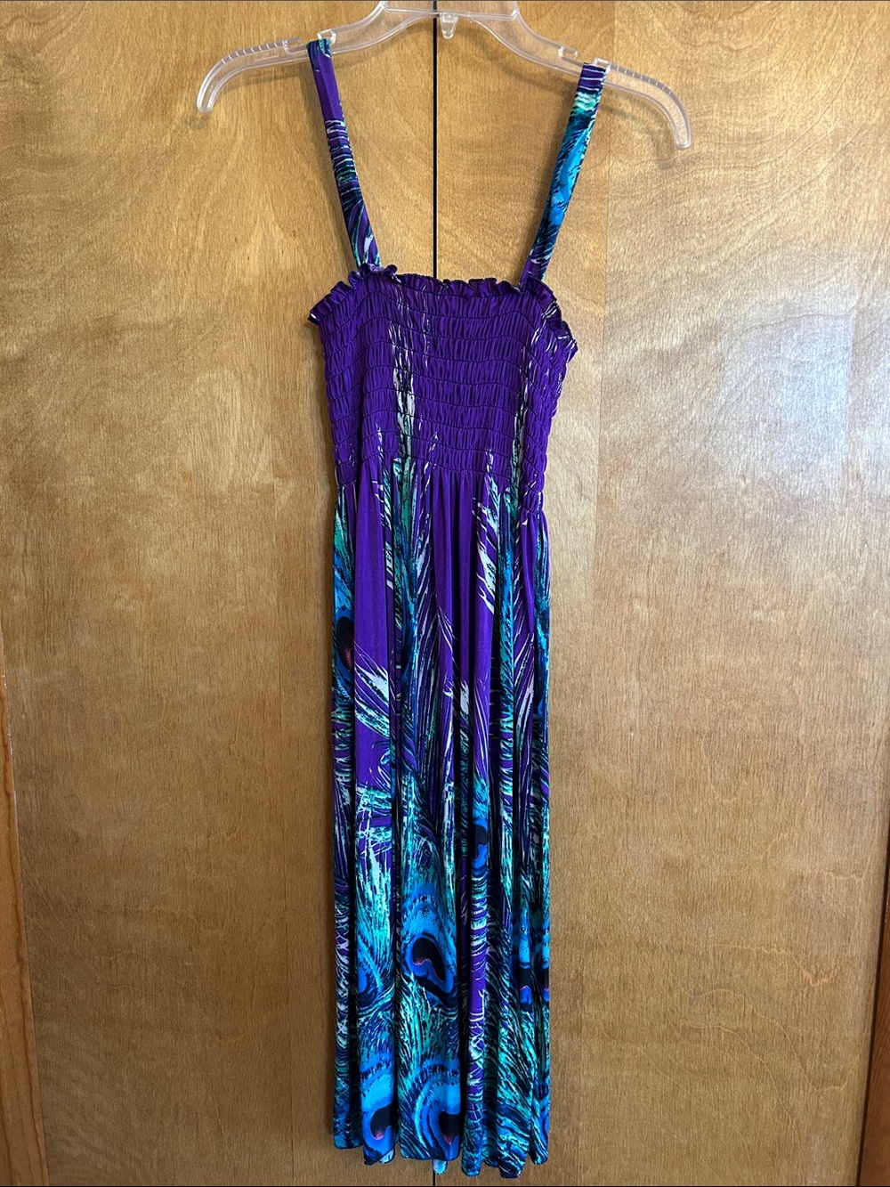 Smocked Purple Midi Dress with Teal Peacock Print